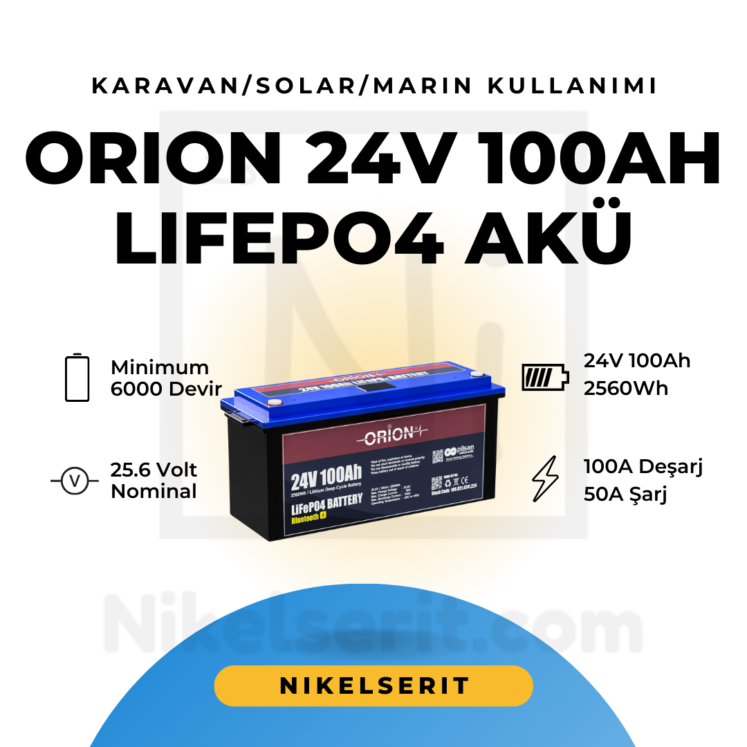 Orion LiFePO4 24V 100Ah Smart Akü Bluetooth Ekranlı