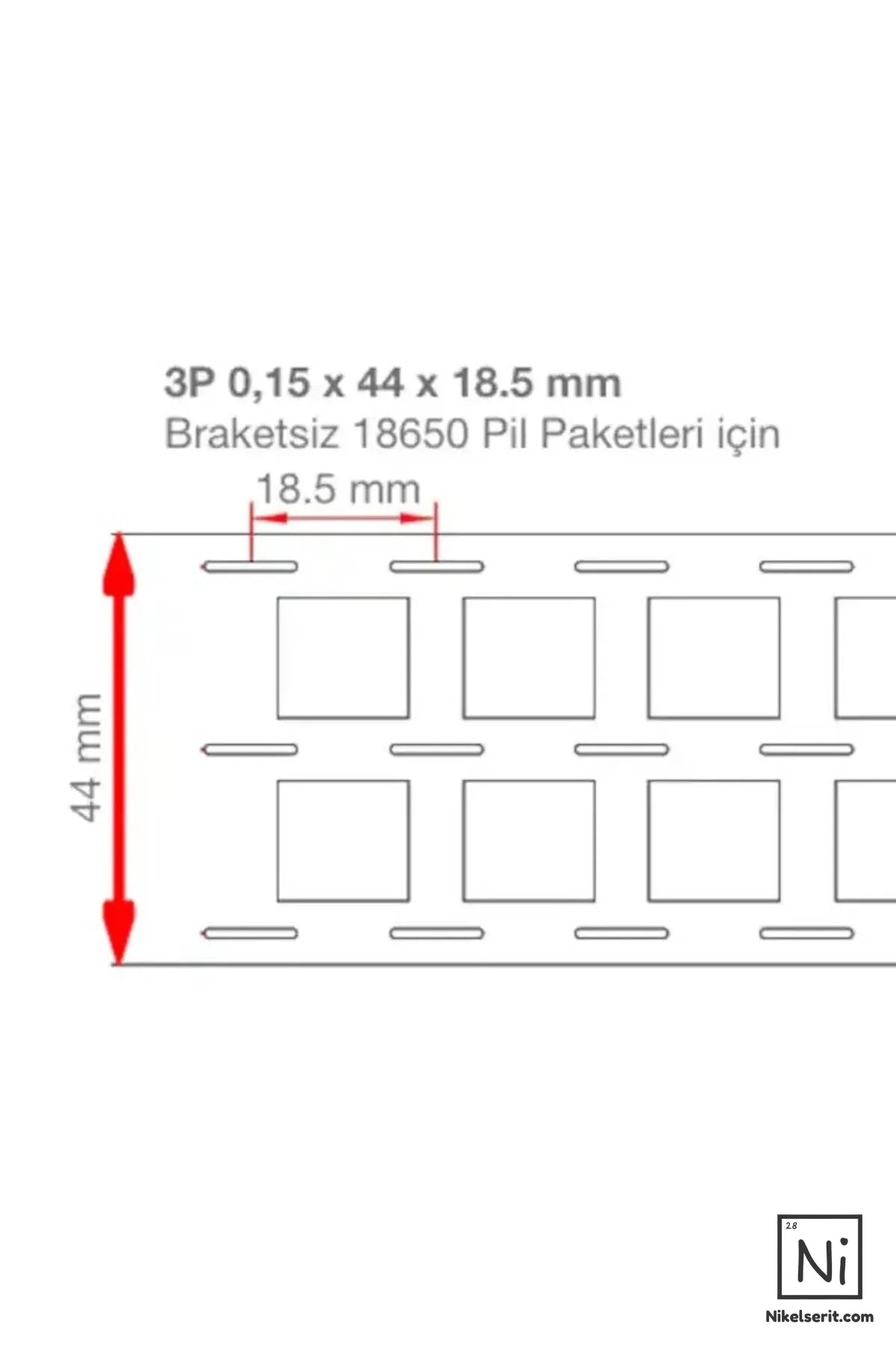 3P Nikel Kaplama 18650 Pil Punto Şerit (44x18.5x0.15mm) Braketsiz Paketlere Uygun 1 Metre Boy
