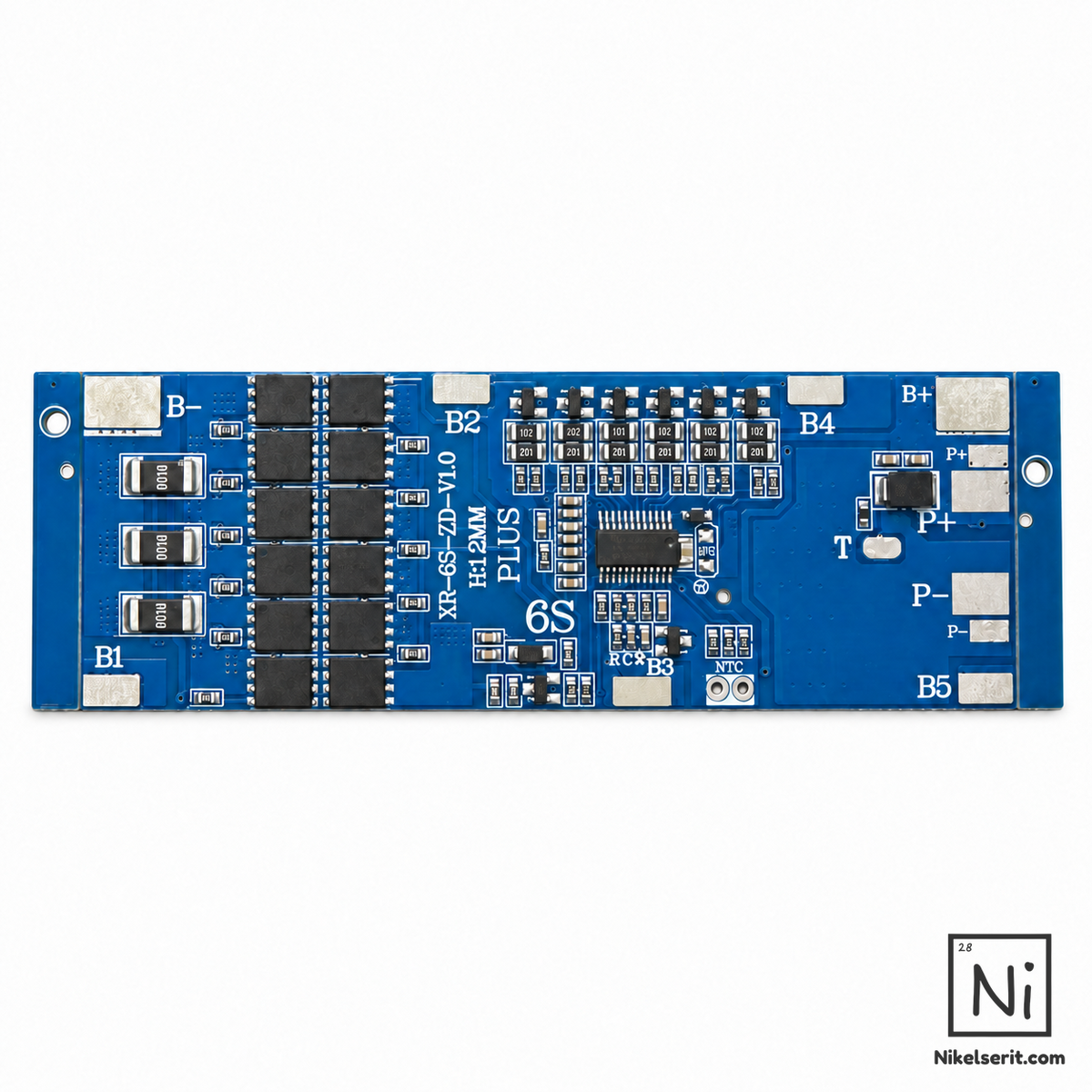 6S 30A balanslı Li-ion BMS devre kartı, 12 MOSFET ve B-, B1-B5, B+, P+, P- bağlantı noktaları