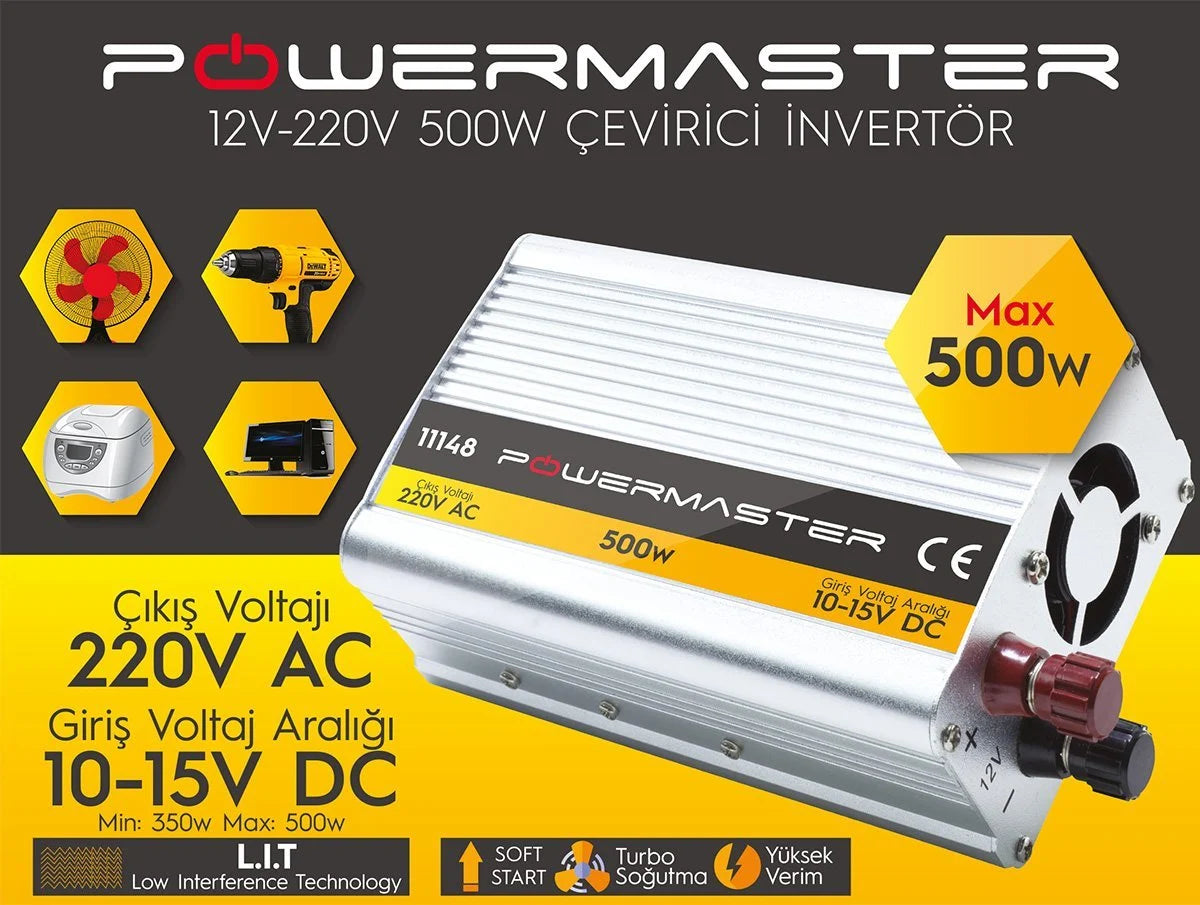Powermaster 12 VOLT - 500 Watt Modifiye Sinüs Inverter (10-15V ARASI-220V AC)