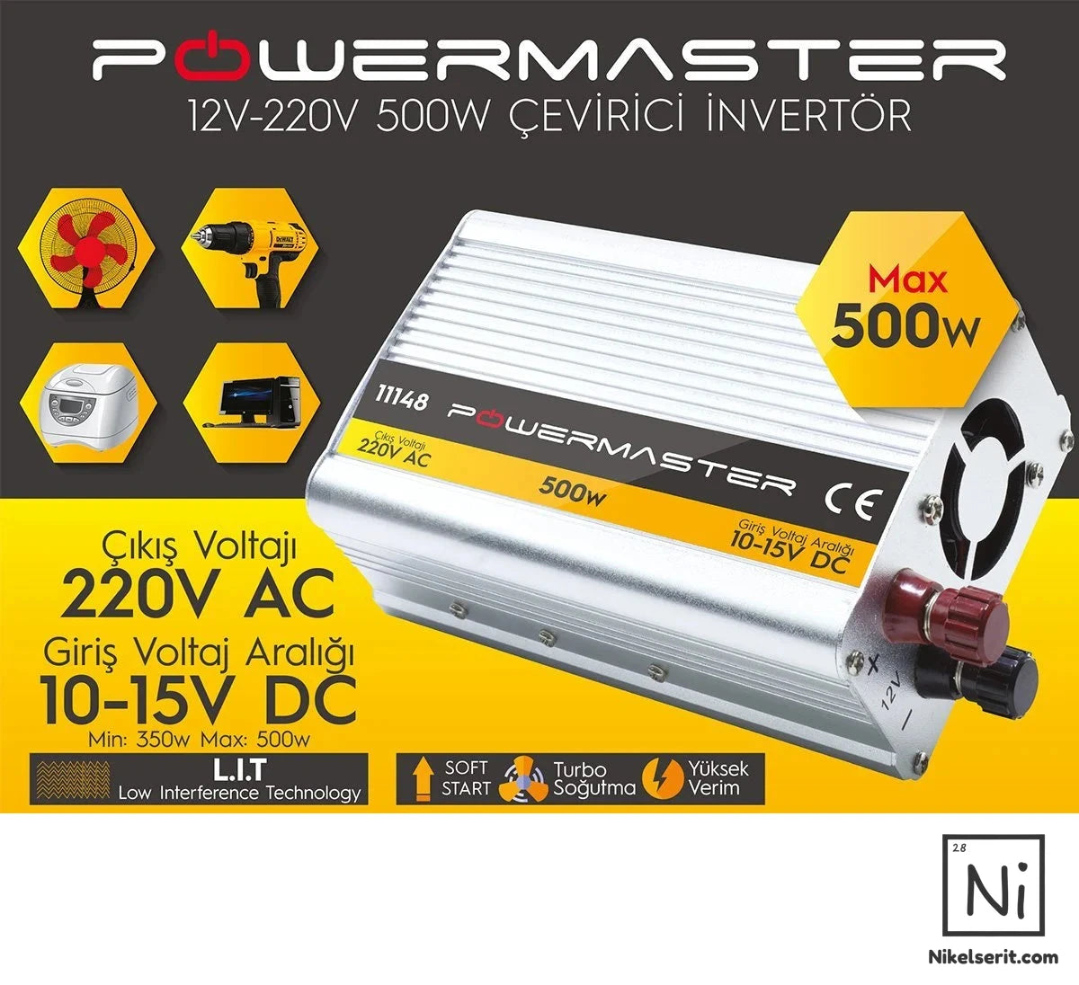 Powermaster 12 VOLT - 500 Watt Modifiye Sinüs Inverter (10-15V ARASI-220V AC)
