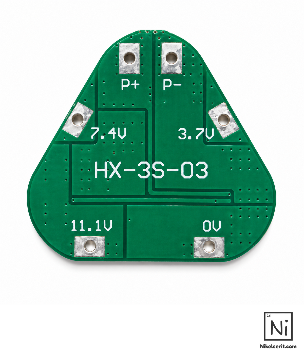 HX-3S-03 üçgen BMS arka yüzü, model kodu ve hücre bağlantı gerilimleri