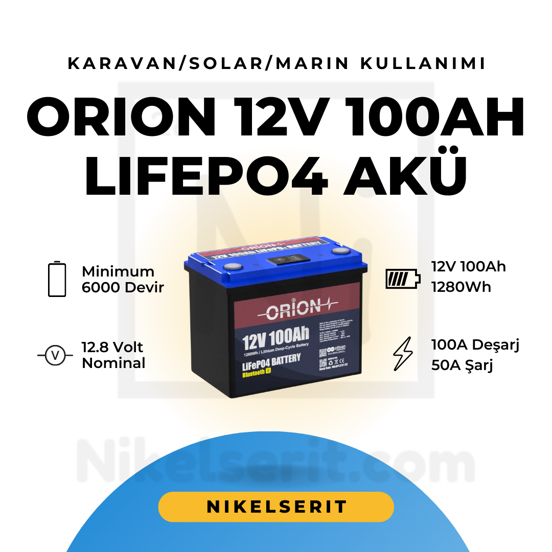 Orion LiFePO4 12V 100Ah Smart Akü Bluetooth Ekranlı