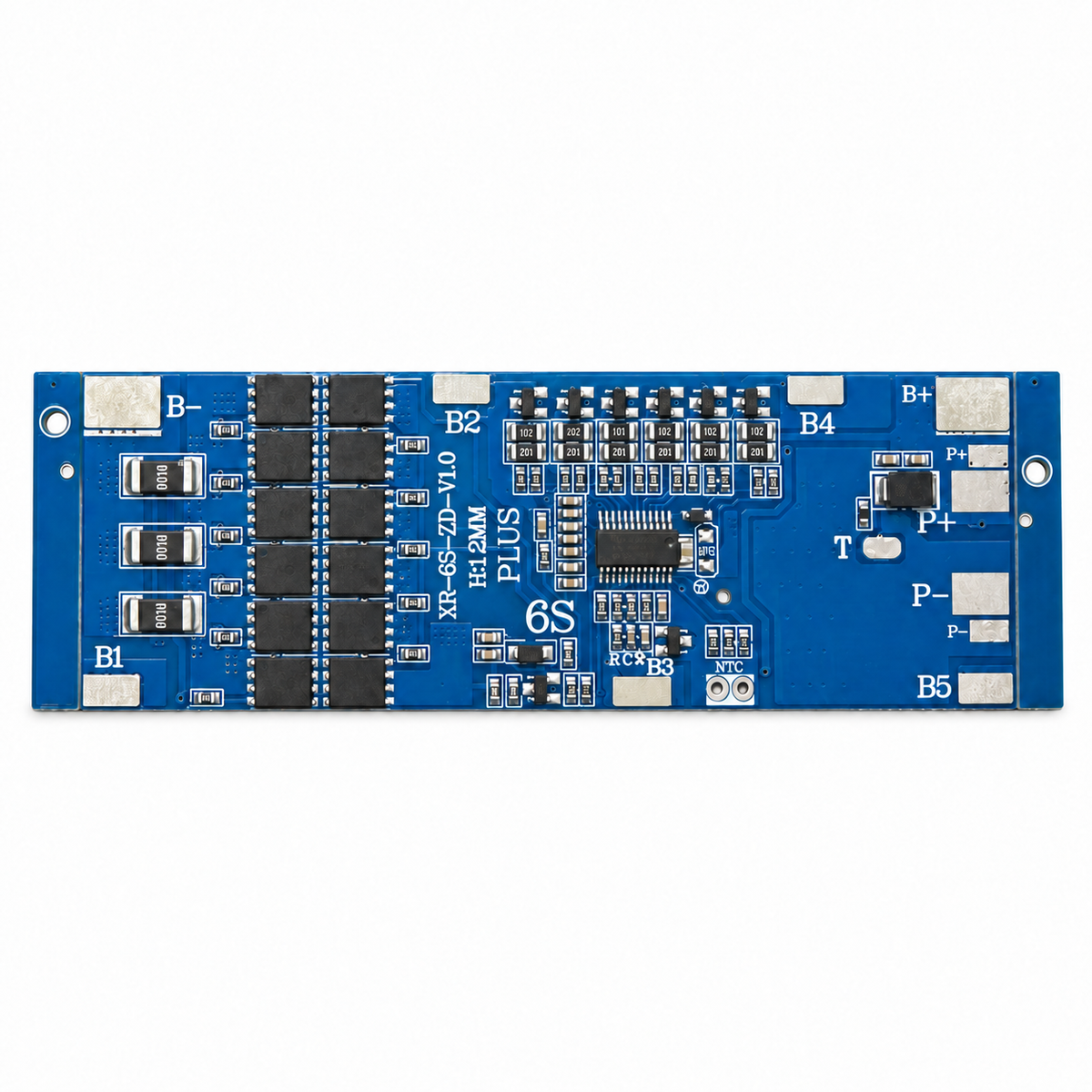 6S 30A balanslı Li-ion BMS devre kartı, 12 MOSFET ve B-, B1-B5, B+, P+, P- bağlantı noktaları