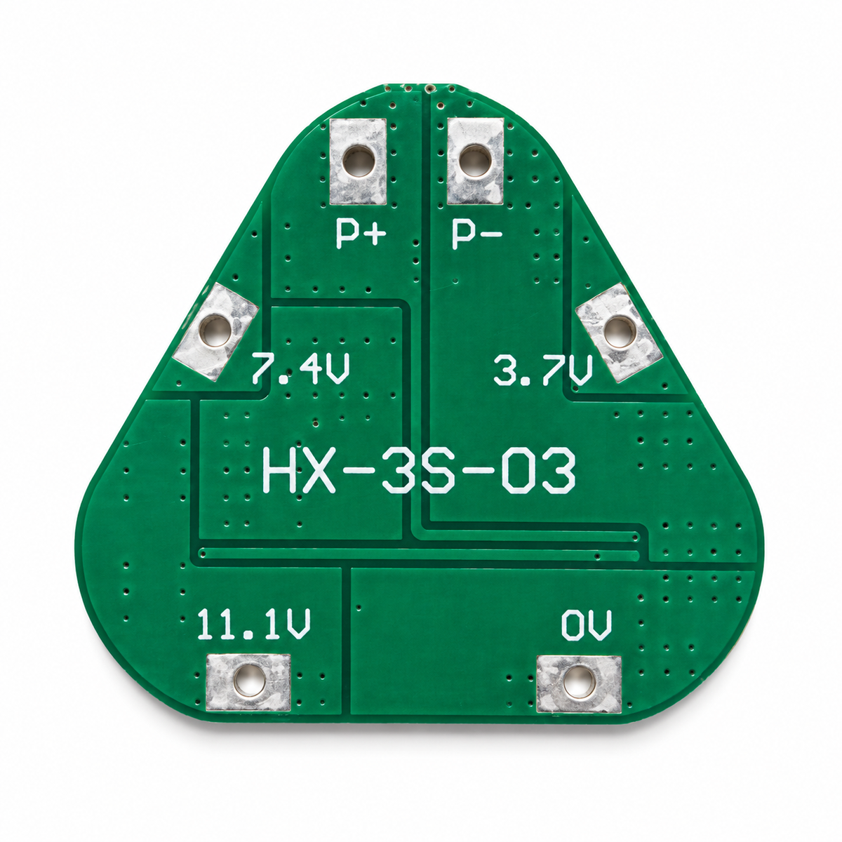 HX-3S-03 üçgen BMS arka yüzü, model kodu ve hücre bağlantı gerilimleri