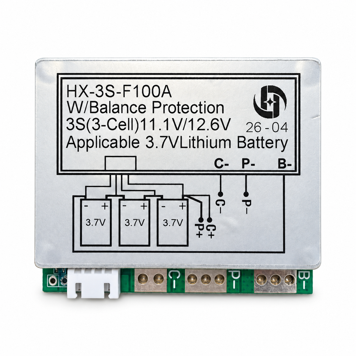HX-3S-F100A 3S 100A balanslı Li-ion BMS ön yüzü, model etiketi ve bağlantı noktaları