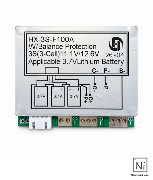 HX-3S-F100A 3S 100A balanslı Li-ion BMS ön yüzü, model etiketi ve bağlantı noktaları