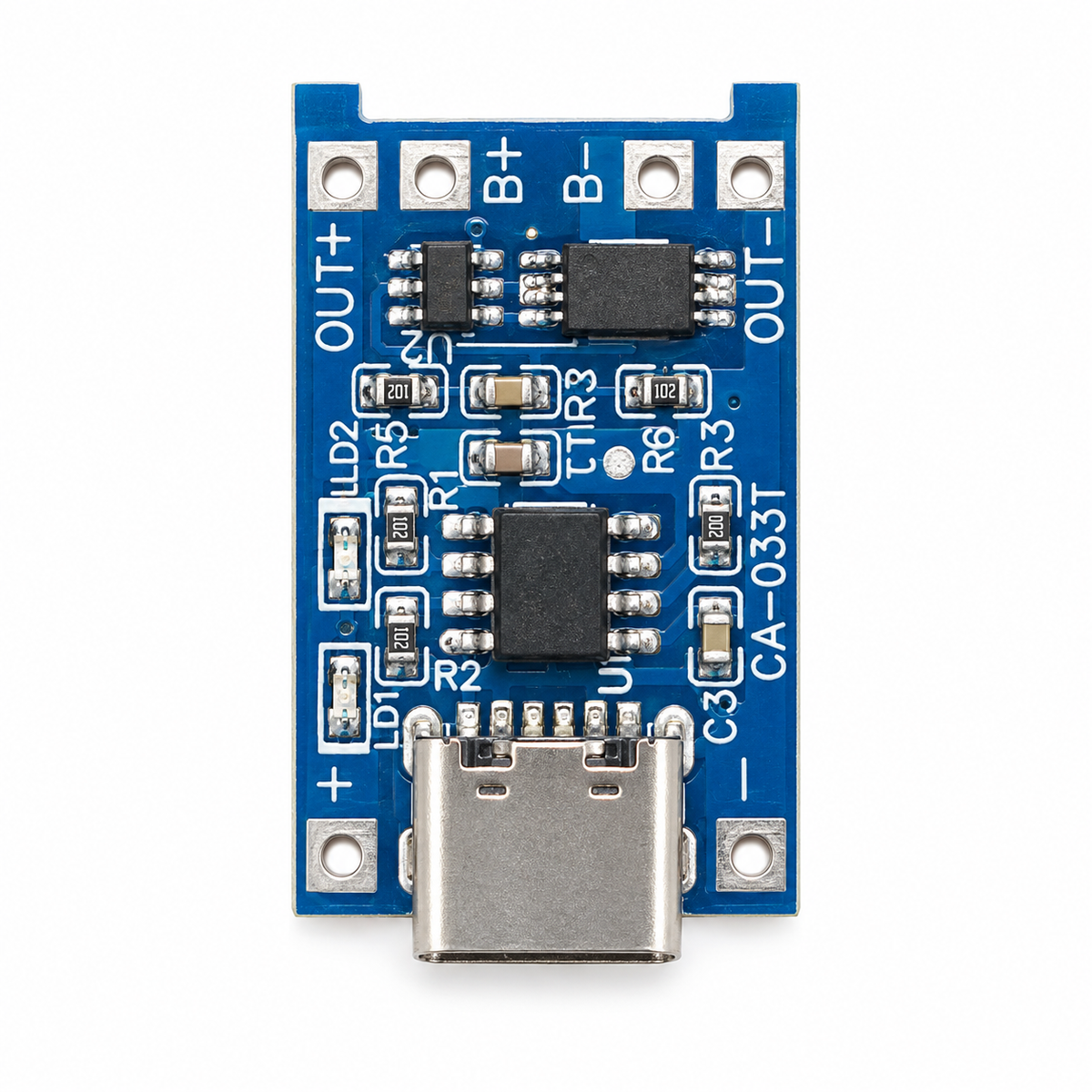 TP4056 Type-C şarj modülünün ön yüzü ve B+, B-, OUT+, OUT- bağlantı noktaları