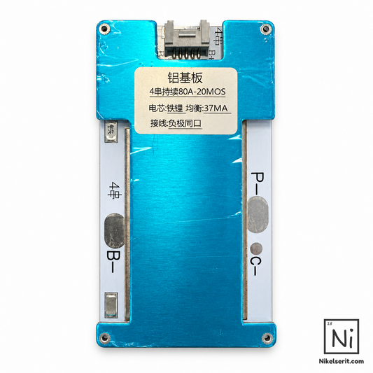 XR 4S 80A LiFePO4 balanslı BMS, mavi alüminyum plaka ve bağlantı noktaları